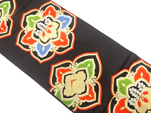 JAPANESE KIMONO / ANTIQUE FUKURO OBI / SILK / WOVEN FLORAL CREST & PEONY & PAULOWNIA